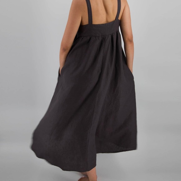 Ochre Yellow Linen Midi Strap Dress - Picture 2 of 2